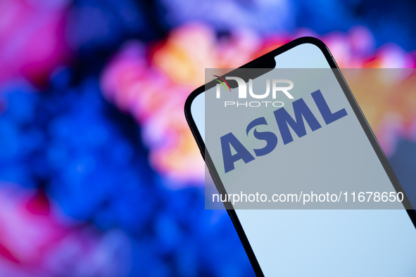 In this photo illustration, the logo of ASML is seen on a phone in Warsaw, Poland, on October 18, 2024. 