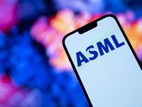 In this photo illustration, the logo of ASML is seen on a phone in Warsaw, Poland, on October 18, 2024. (