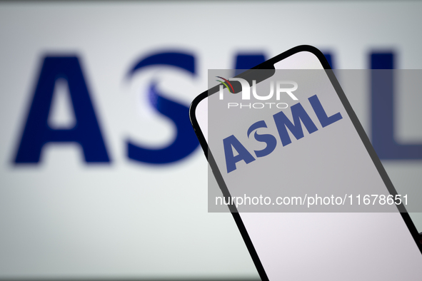 In this photo illustration, the logo of ASML is seen on a phone, in Warsaw, Poland, on October 18, 2024. 