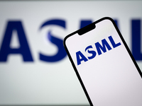 In this photo illustration, the logo of ASML is seen on a phone, in Warsaw, Poland, on October 18, 2024. (