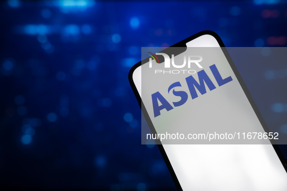 In this photo illustration, the logo of ASML is seen on a phone, in Warsaw, Poland, on October 18, 2024. 