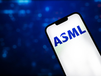 In this photo illustration, the logo of ASML is seen on a phone, in Warsaw, Poland, on October 18, 2024. (