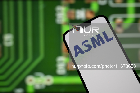 In this photo illustration, the logo of ASML is seen on a phone, in Warsaw, Poland, on October 18, 2024. 