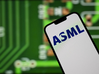 In this photo illustration, the logo of ASML is seen on a phone, in Warsaw, Poland, on October 18, 2024. (