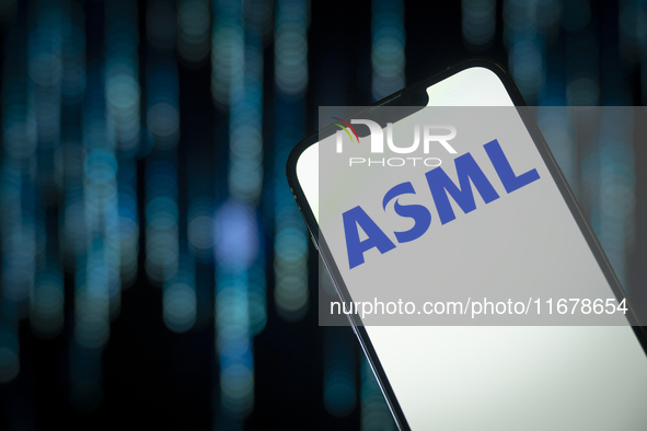 In this photo illustration, the logo of ASML is seen on a phone, in Warsaw, Poland, on October 18, 2024. 