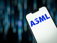 In this photo illustration, the logo of ASML is seen on a phone, in Warsaw, Poland, on October 18, 2024. (