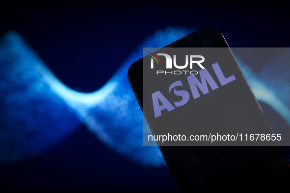 In this photo illustration, the logo of ASML is seen on a phone, in Warsaw, Poland, on October 18, 2024. 