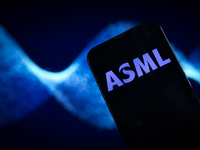 In this photo illustration, the logo of ASML is seen on a phone, in Warsaw, Poland, on October 18, 2024. (