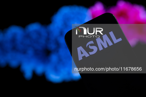 In this photo illustration, the logo of ASML is seen on a phone, in Warsaw, Poland, on October 18, 2024. 