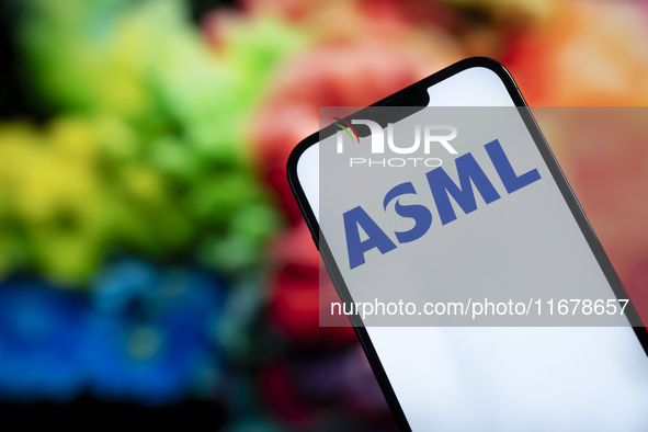 In this photo illustration, the logo of ASML is seen on a phone, in Warsaw, Poland, on October 18, 2024. 