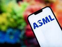 In this photo illustration, the logo of ASML is seen on a phone, in Warsaw, Poland, on October 18, 2024. (