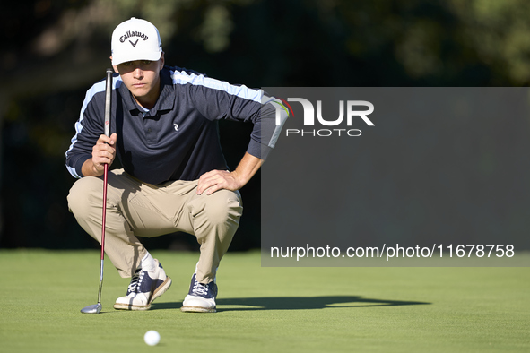 Matthis Besard of Belgium studies his shot on the 10th green during the Estrella Damm N.A. Andalucia Masters 2024 at Real Club de Golf Sotog...