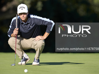 Matthis Besard of Belgium studies his shot on the 10th green during the Estrella Damm N.A. Andalucia Masters 2024 at Real Club de Golf Sotog...