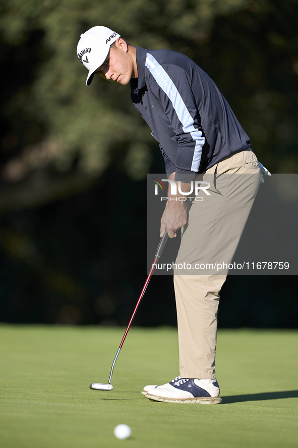 Matthis Besard of Belgium plays a shot on the 10th green during the Estrella Damm N.A. Andalucia Masters 2024 at Real Club de Golf Sotogrand...