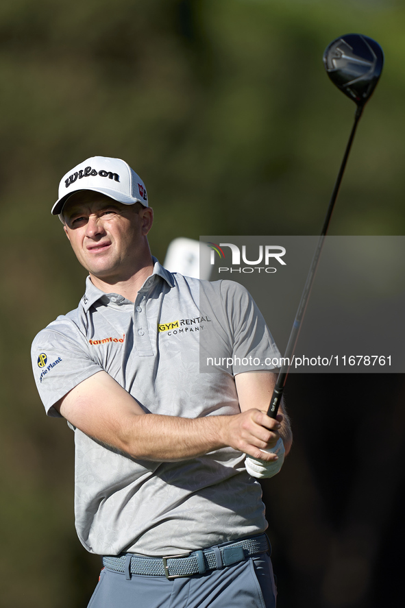 David Law of Scotland tees off on the 11th hole during the Estrella Damm N.A. Andalucia Masters 2024 at Real Club de Golf Sotogrande in San...