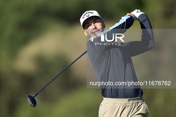 Matthis Besard of Belgium tees off on the 11th hole during the Estrella Damm N.A. Andalucia Masters 2024 at Real Club de Golf Sotogrande in...