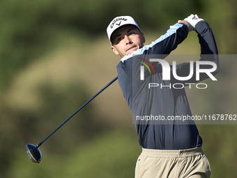 Matthis Besard of Belgium tees off on the 11th hole during the Estrella Damm N.A. Andalucia Masters 2024 at Real Club de Golf Sotogrande in...