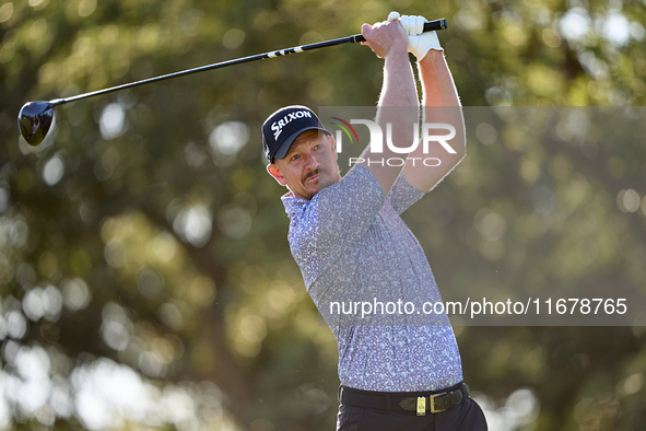 Jacques Kruyswijk of South Africa tees off on the 9th hole during the Estrella Damm N.A. Andalucia Masters 2024 at Real Club de Golf Sotogra...