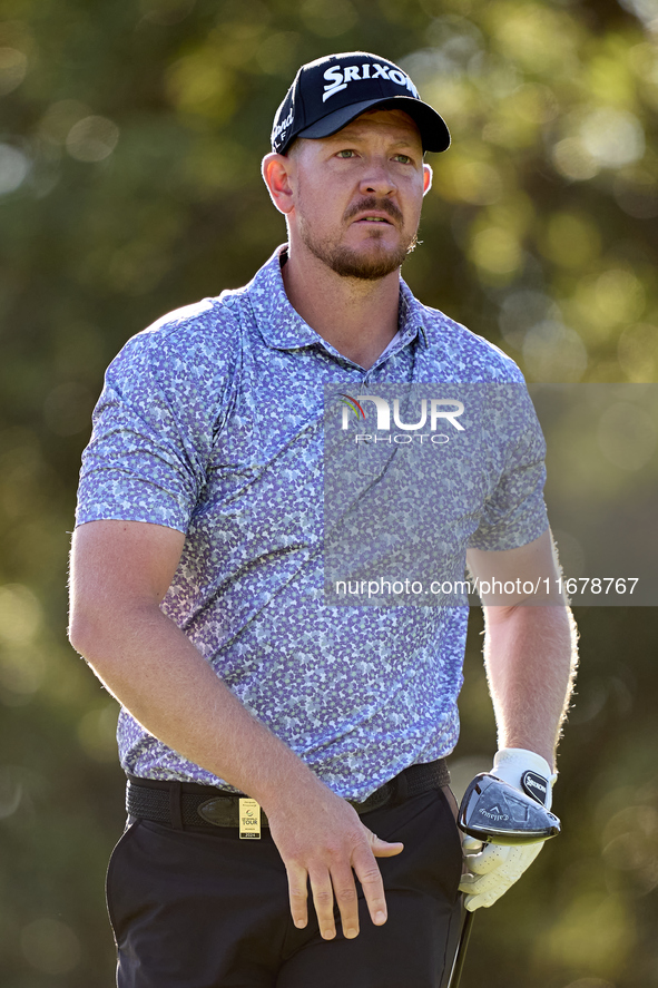 Jacques Kruyswijk of South Africa reacts on the 9th hole during the Estrella Damm N.A. Andalucia Masters 2024 at Real Club de Golf Sotogrand...