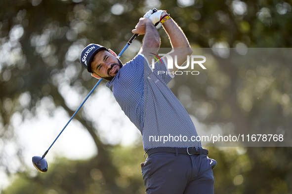 Santiago Tarrio of Spain tees off on the 9th hole during the Estrella Damm N.A. Andalucia Masters 2024 at Real Club de Golf Sotogrande in Sa...