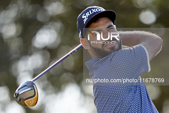 Santiago Tarrio of Spain tees off on the 9th hole during the Estrella Damm N.A. Andalucia Masters 2024 at Real Club de Golf Sotogrande in Sa...