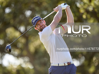 Scott Jamieson of Scotland tees off on the 9th hole during the Estrella Damm N.A. Andalucia Masters 2024 at Real Club de Golf Sotogrande in...