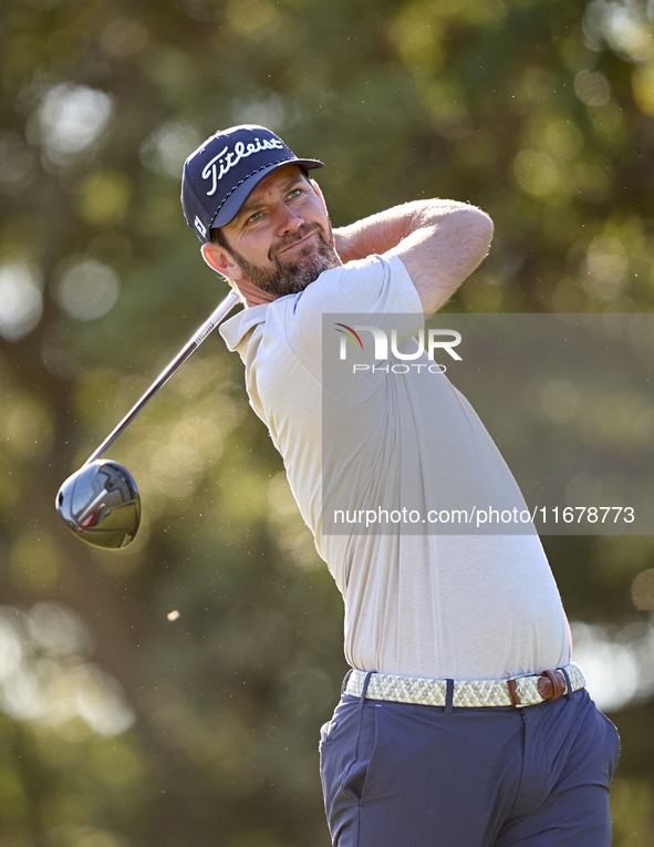 Scott Jamieson of Scotland tees off on the 9th hole during the Estrella Damm N.A. Andalucia Masters 2024 at Real Club de Golf Sotogrande in...