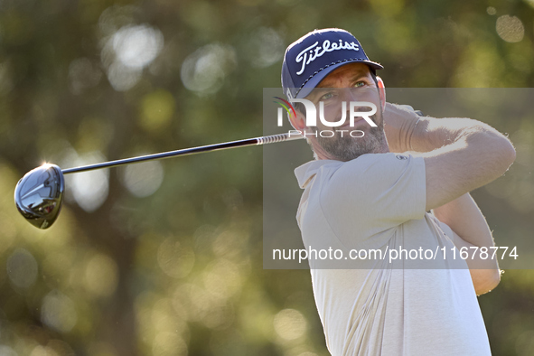 Scott Jamieson of Scotland tees off on the 9th hole during the Estrella Damm N.A. Andalucia Masters 2024 at Real Club de Golf Sotogrande in...