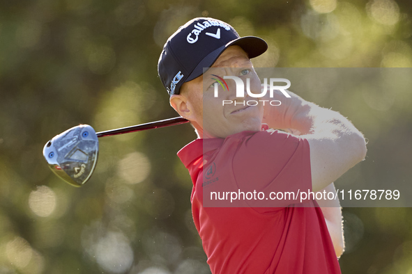 Simon Forsstrom of Sweden tees off on the 9th hole during the Estrella Damm N.A. Andalucia Masters 2024 at Real Club de Golf Sotogrande in S...