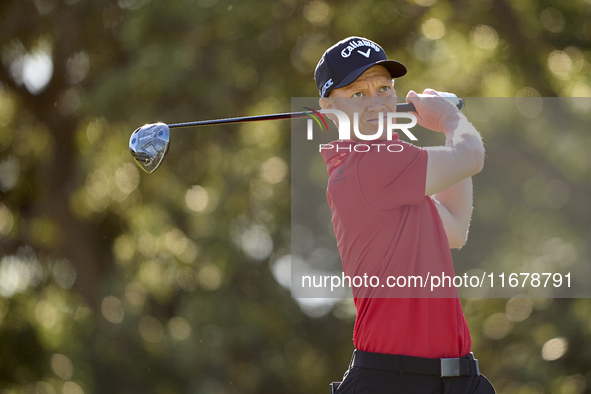 Simon Forsstrom of Sweden tees off on the 9th hole during the Estrella Damm N.A. Andalucia Masters 2024 at Real Club de Golf Sotogrande in S...