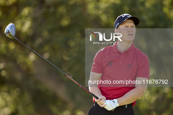 Simon Forsstrom of Sweden tees off on the 9th hole during the Estrella Damm N.A. Andalucia Masters 2024 at Real Club de Golf Sotogrande in S...