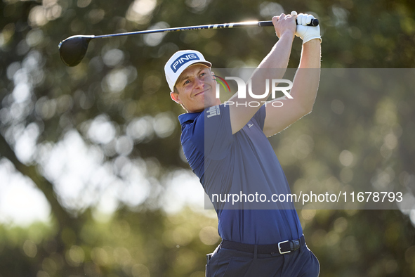 Calum Hill of Scotland tees off on the 9th hole during the Estrella Damm N.A. Andalucia Masters 2024 at Real Club de Golf Sotogrande in San...