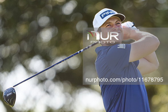 Calum Hill of Scotland tees off on the 9th hole during the Estrella Damm N.A. Andalucia Masters 2024 at Real Club de Golf Sotogrande in San...