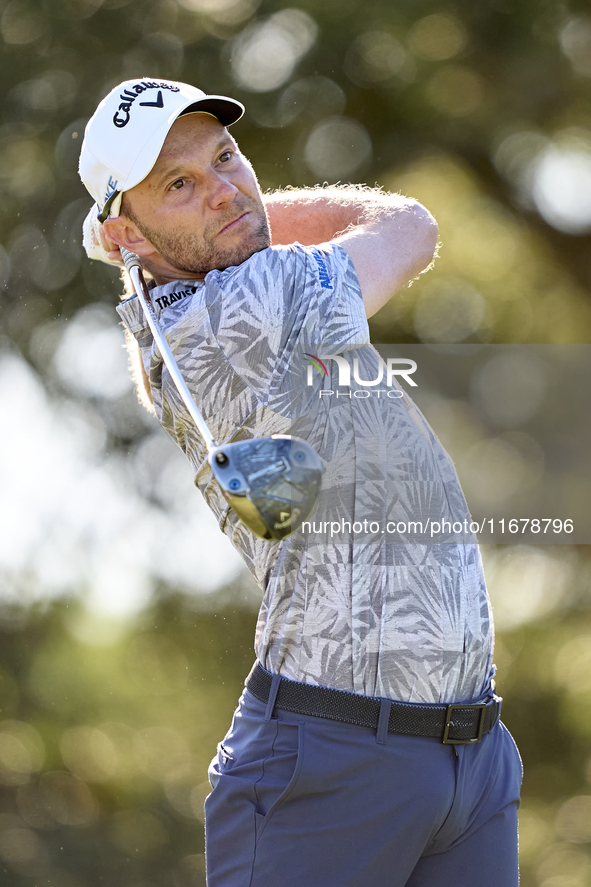 Maximilian Kieffer of Germany tees off on the 9th hole during the Estrella Damm N.A. Andalucia Masters 2024 at Real Club de Golf Sotogrande...