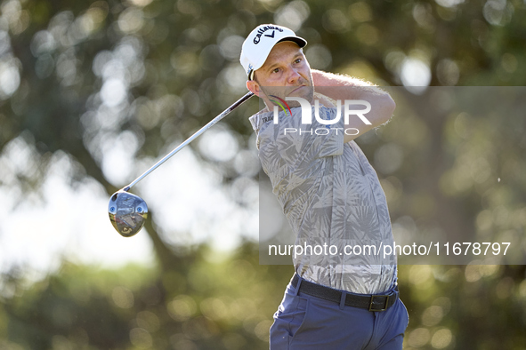 Maximilian Kieffer of Germany tees off on the 9th hole during the Estrella Damm N.A. Andalucia Masters 2024 at Real Club de Golf Sotogrande...