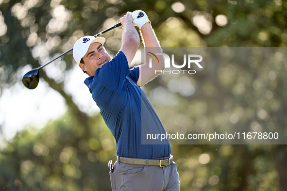 Aaron Cockerill of Canada tees off on the 9th hole during the Estrella Damm N.A. Andalucia Masters 2024 at Real Club de Golf Sotogrande in S...