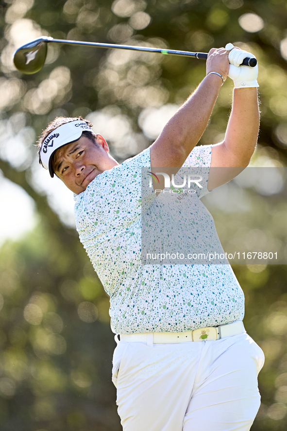 Kiradech Aphibarnrat of Thailand tees off on the 9th hole during the Estrella Damm N.A. Andalucia Masters 2024 at Real Club de Golf Sotogran...