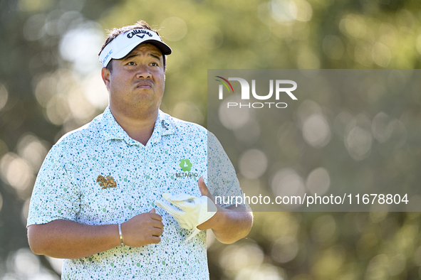 Kiradech Aphibarnrat of Thailand reacts on the 9th hole on day two of the Estrella Damm N.A. Andalucia Masters 2024 at Real Club de Golf Sot...