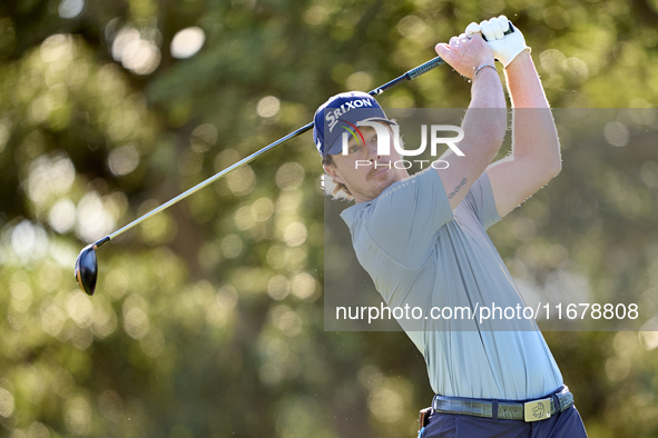 Sean Crocker of the USA tees off on the 9th hole during the Estrella Damm N.A. Andalucia Masters 2024 at Real Club de Golf Sotogrande in San...