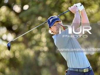 Sean Crocker of the USA tees off on the 9th hole during the Estrella Damm N.A. Andalucia Masters 2024 at Real Club de Golf Sotogrande in San...