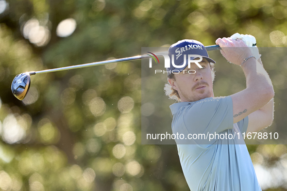 Sean Crocker of the USA tees off on the 9th hole during the Estrella Damm N.A. Andalucia Masters 2024 at Real Club de Golf Sotogrande in San...