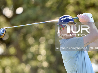 Sean Crocker of the USA tees off on the 9th hole during the Estrella Damm N.A. Andalucia Masters 2024 at Real Club de Golf Sotogrande in San...