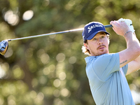 Sean Crocker of the USA tees off on the 9th hole during the Estrella Damm N.A. Andalucia Masters 2024 at Real Club de Golf Sotogrande in San...