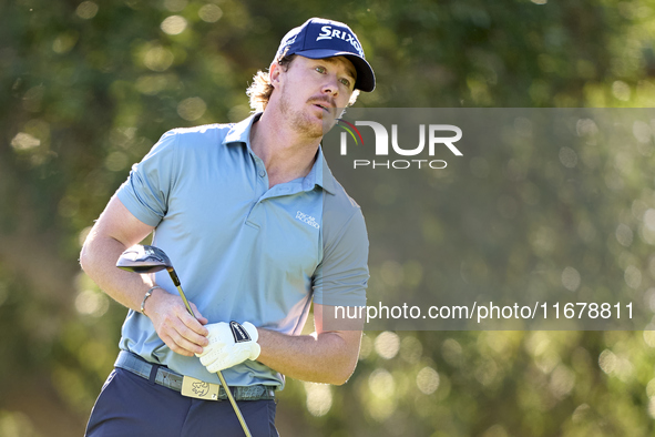 Sean Crocker of the USA tees off on the 9th hole during the Estrella Damm N.A. Andalucia Masters 2024 at Real Club de Golf Sotogrande in San...