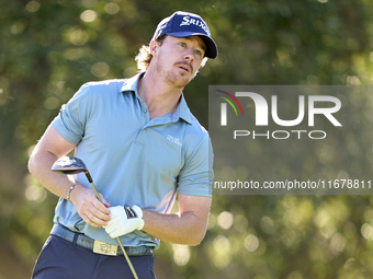 Sean Crocker of the USA tees off on the 9th hole during the Estrella Damm N.A. Andalucia Masters 2024 at Real Club de Golf Sotogrande in San...