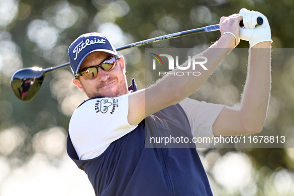 Matthew Southgate of England tees off on the 9th hole during the Estrella Damm N.A. Andalucia Masters 2024 at Real Club de Golf Sotogrande i...