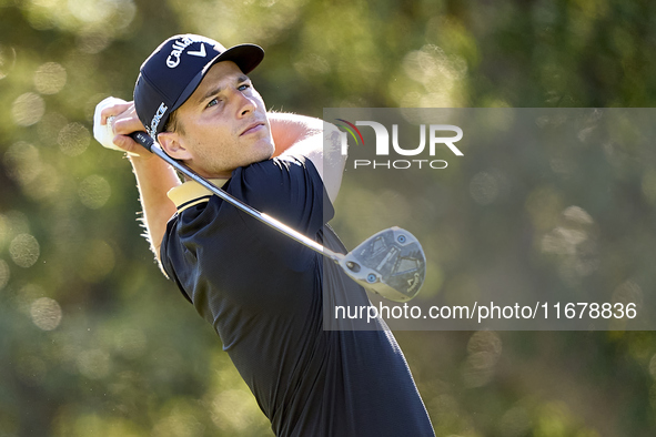 Matthew Jordan of England tees off on the 9th hole during the Estrella Damm N.A. Andalucia Masters 2024 at Real Club de Golf Sotogrande in S...