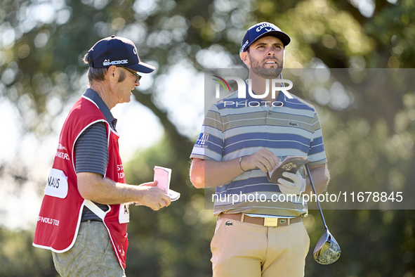 Adri Arnaus of Spain studies his shot on the 9th hole during the Estrella Damm N.A. Andalucia Masters 2024 at Real Club de Golf Sotogrande i...