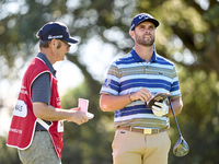 Adri Arnaus of Spain studies his shot on the 9th hole during the Estrella Damm N.A. Andalucia Masters 2024 at Real Club de Golf Sotogrande i...