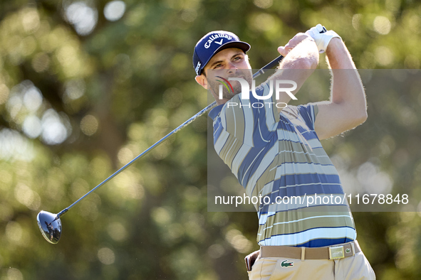 Adri Arnaus of Spain tees off on the 9th hole during the Estrella Damm N.A. Andalucia Masters 2024 at Real Club de Golf Sotogrande in San Ro...